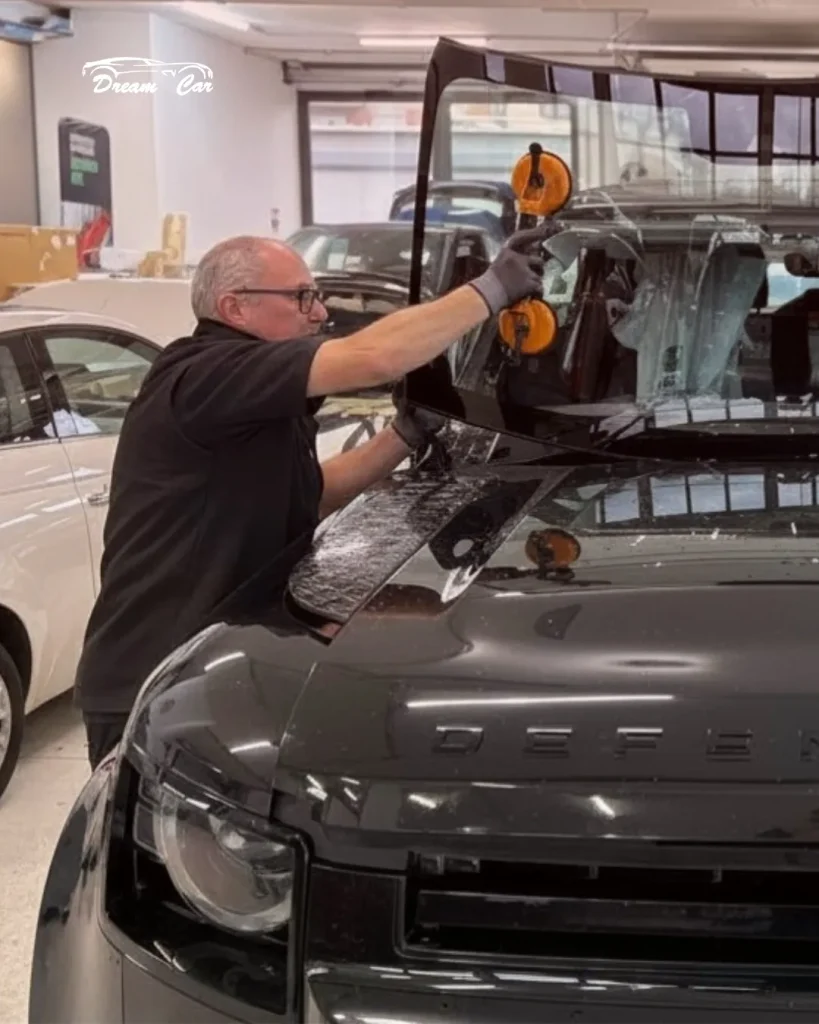 DREAM CAR - Parabrezza rotto -
A man in gloves installs a windshield on a black DEFENDER vehicle in a workshop.