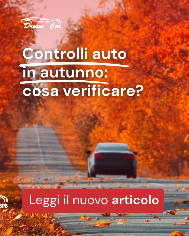 DREAM CAR - Controlli auto in autunno A black car driving down a tree-lined road covered with orange autumn leaves.